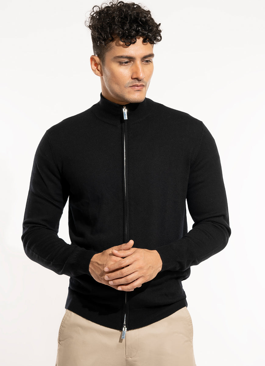 Plain-Black Pure Merino Wool Full Zipper Sweaters – Lawrencepur