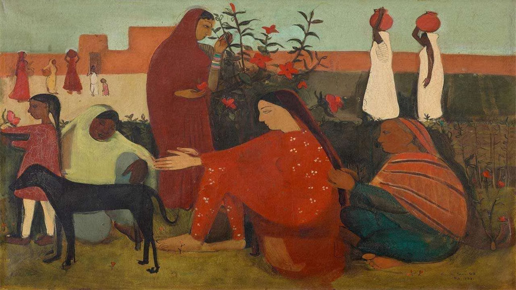 A 1938 oil on canvas by Amrita Sher-gil titled In the Ladies Enclosure