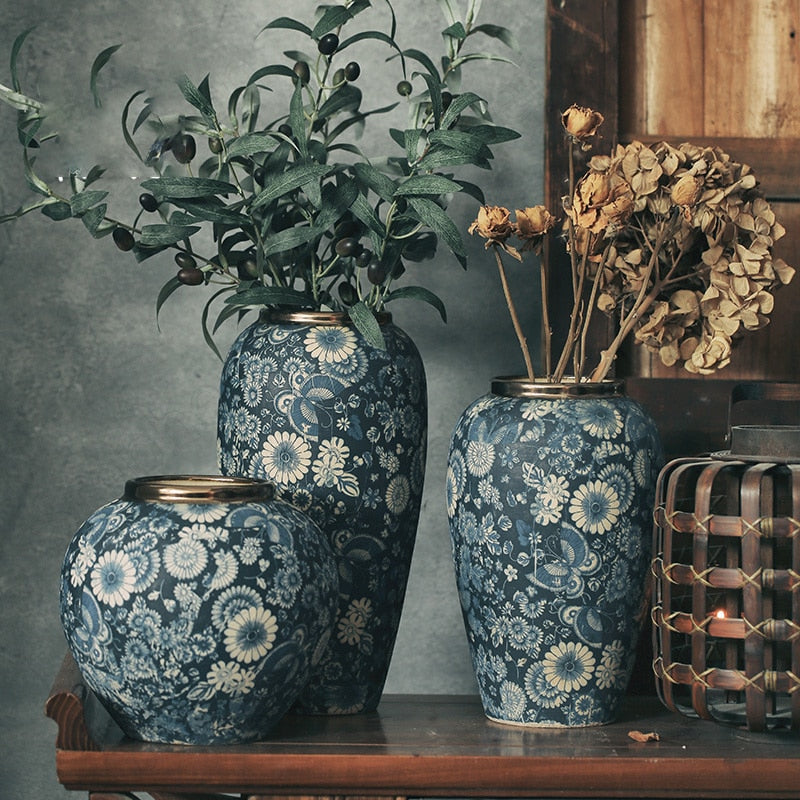 Blue floor vase with flowers