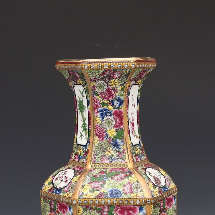 Hexagonal porcelain vase with floral pattern