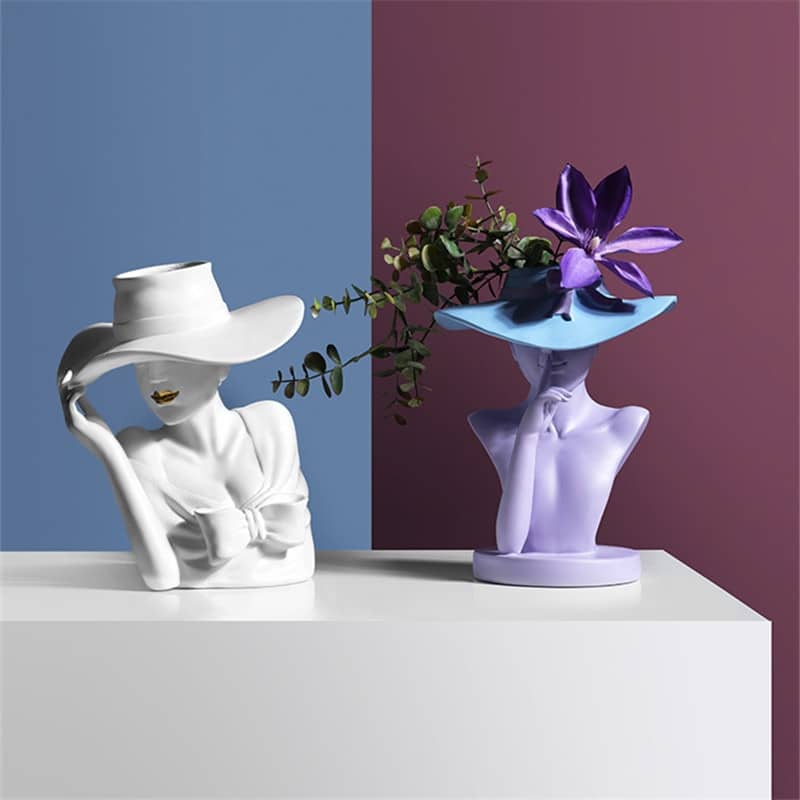 Retro style woman bust vase with hat