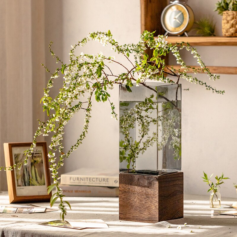 Scandinavian square glass vase and wooden support