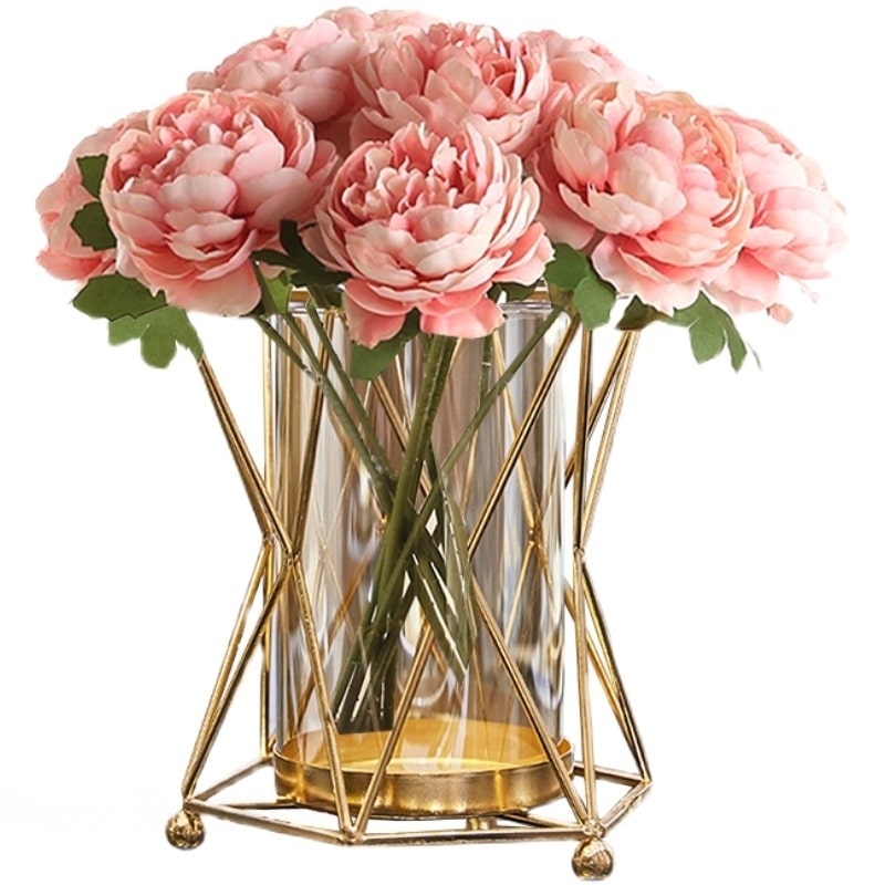 Transparent glass vase with geometric gold frame