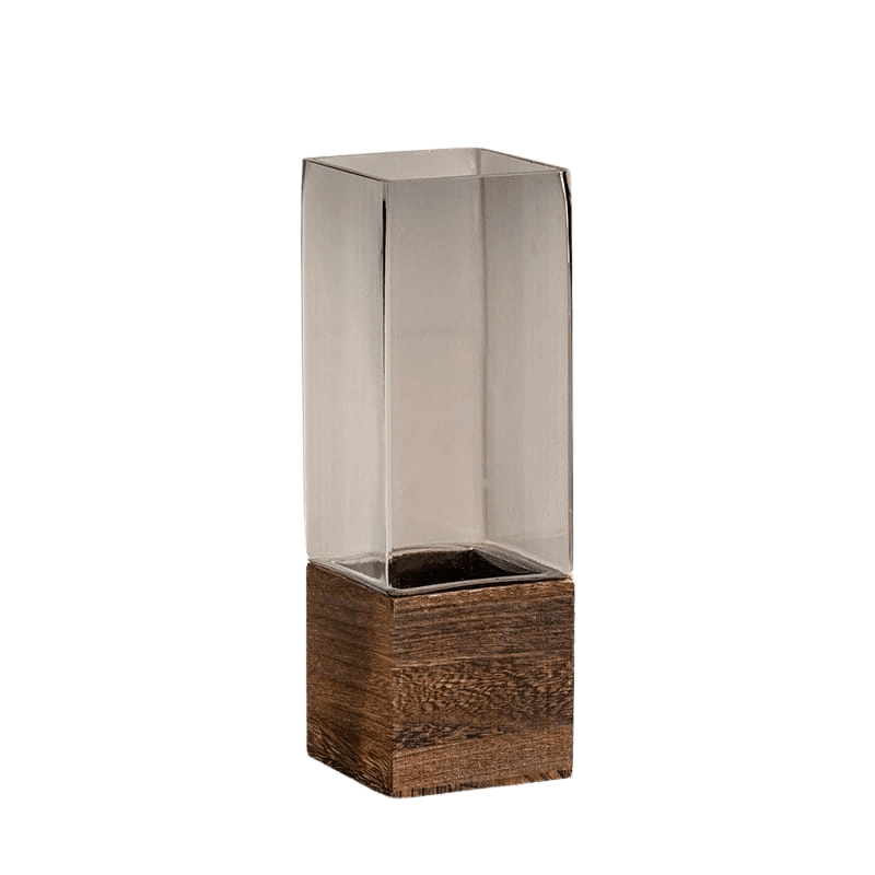 Scandinavian square glass vase and wooden support