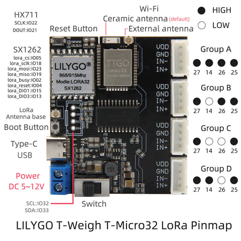 LILYGO TTGO ESP32 HX711 4 Channel IOT T-weigh Lora Weighing Module