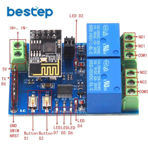 ESP8266 WIFI Dual Relay Module 5V pinout