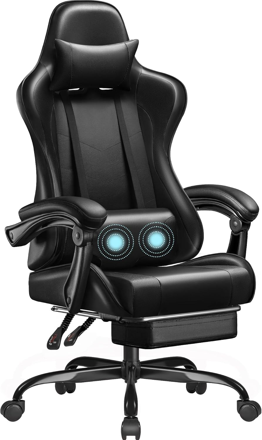 Gaming Chair with Footrest and Massage Lumbar Support