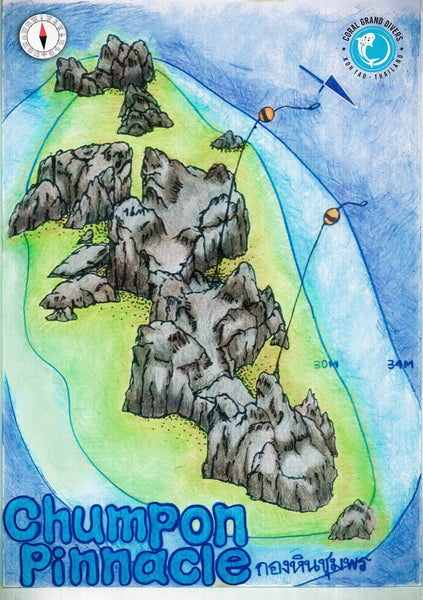 Mapa del sitio de buceo Chumphon Pinnacle. Koh Tao, Tailandia