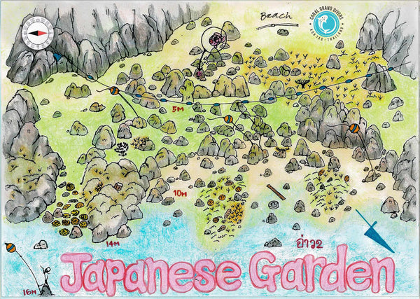 Mappa del sito di immersione nel giardino giapponese. Koh Tao, Tailandia