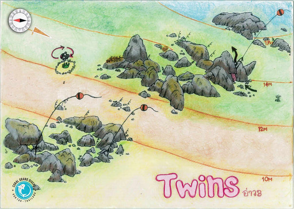 Mapa del sitio de buceo Twins. Koh Tao, Tailandia