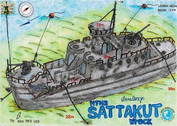 Mapa de buceo en naufragio Htms Sattakut. Koh Tao, Tailandia