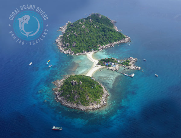 Aerial shot of Koh Nangyuan, Red Rock, Twins, Japanese Gardens dive sites