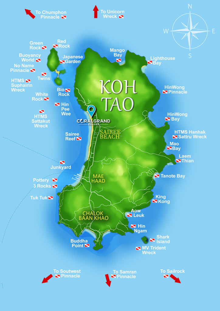Mapa de sitios de buceo en Koh Tao