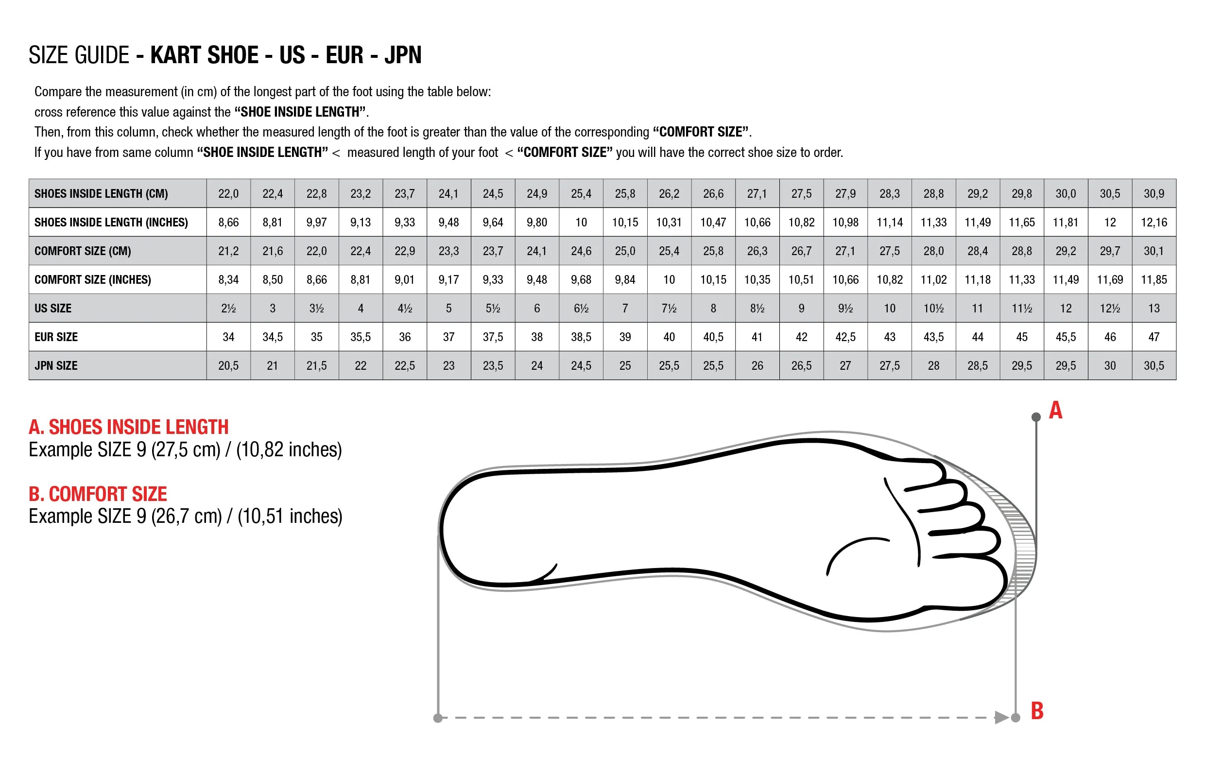 Sizing Chart: G-Force Auto Racing Shoes