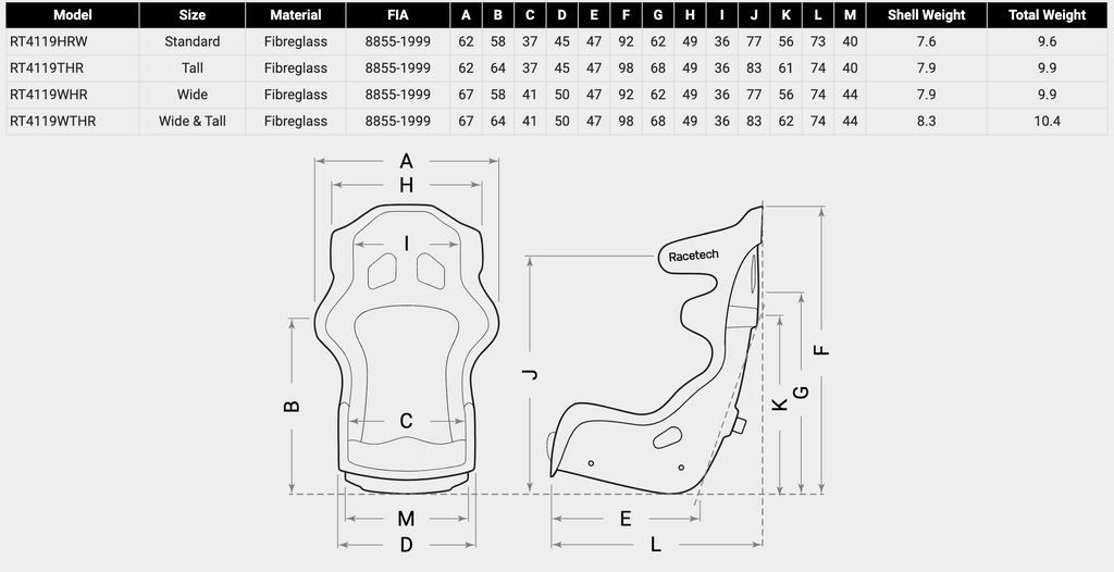 Racetech RT4119 racing seat sizing chart how big is the RT4119 racing seat