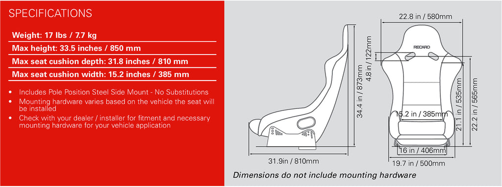 Recaro Pole Position Racing Seat Size Chart