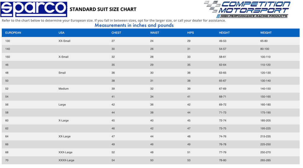 Sparco Vintage Classic Race Suit Size Chart