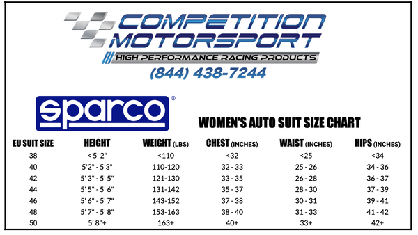 sparco auto suit ladies women's size chart