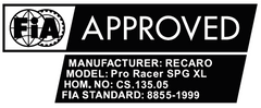 Recaro Pro Racer SPG Xl is FIA 8855-1999 approved