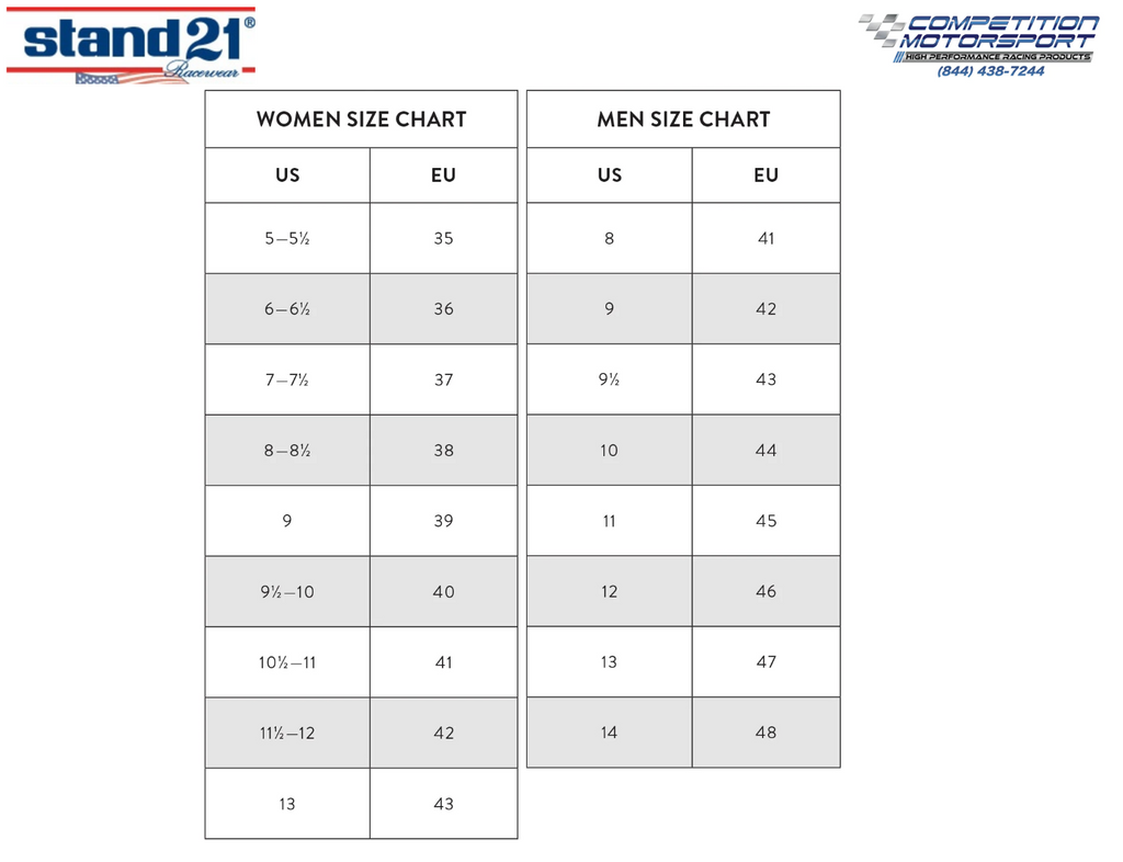 Stand21 Porsche Motorsport Shoes Size Chart