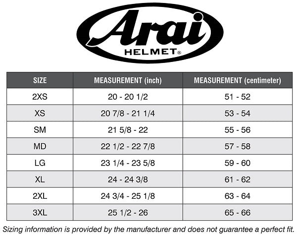 Arai GP-5W Helmet Size Chart