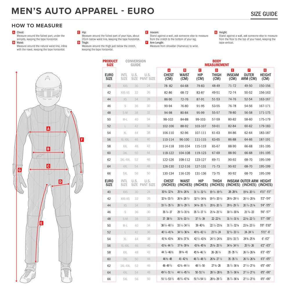 Alpinestars Suit Size Chart