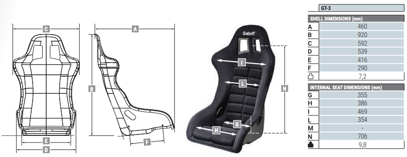 Sabelt GT3 Racing Seat sizing chart
