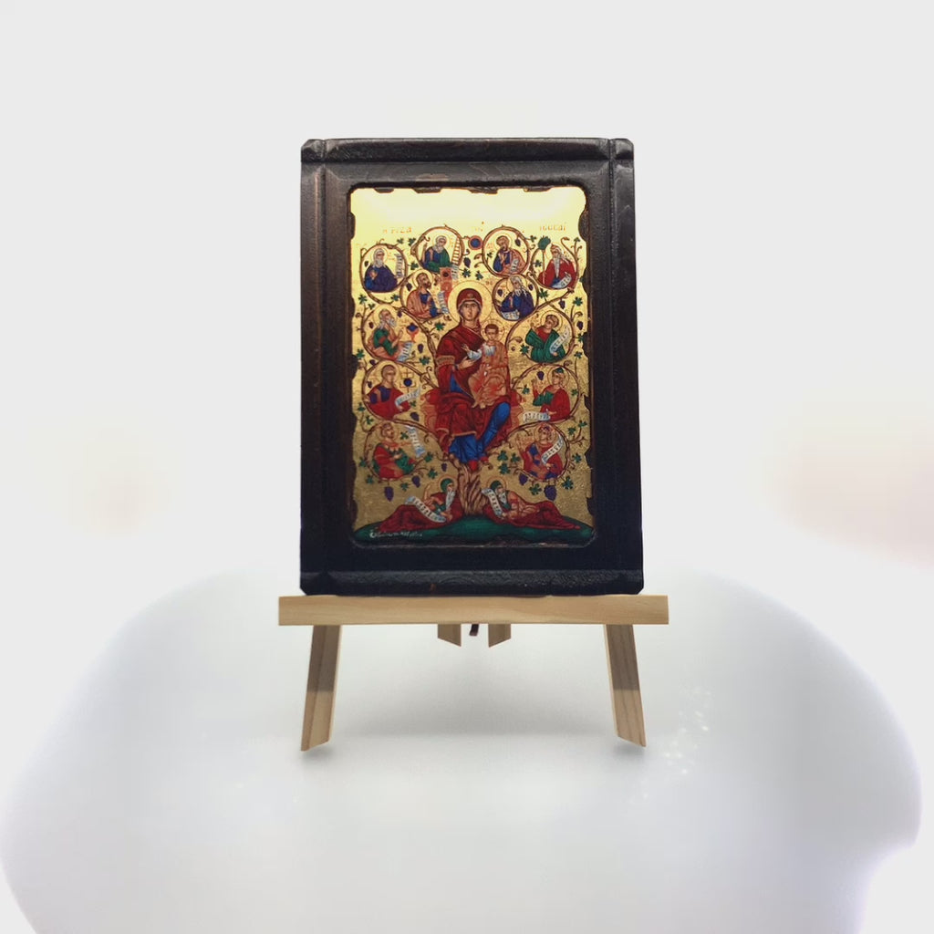 Virgin Mary Tree of Jesse Eastern Christian Icon on Wood with Gold Leaf