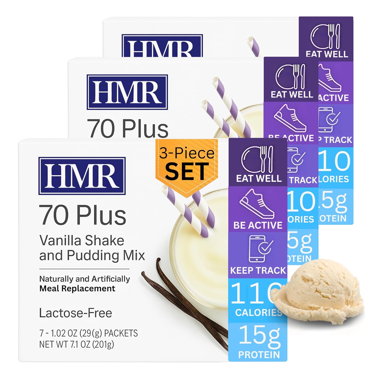 HMR 70 Plus Vanilla Shake & Pudding Mix β lactose-free meal replacement with 15g protein and 110 calories for weight management and overall wellness
