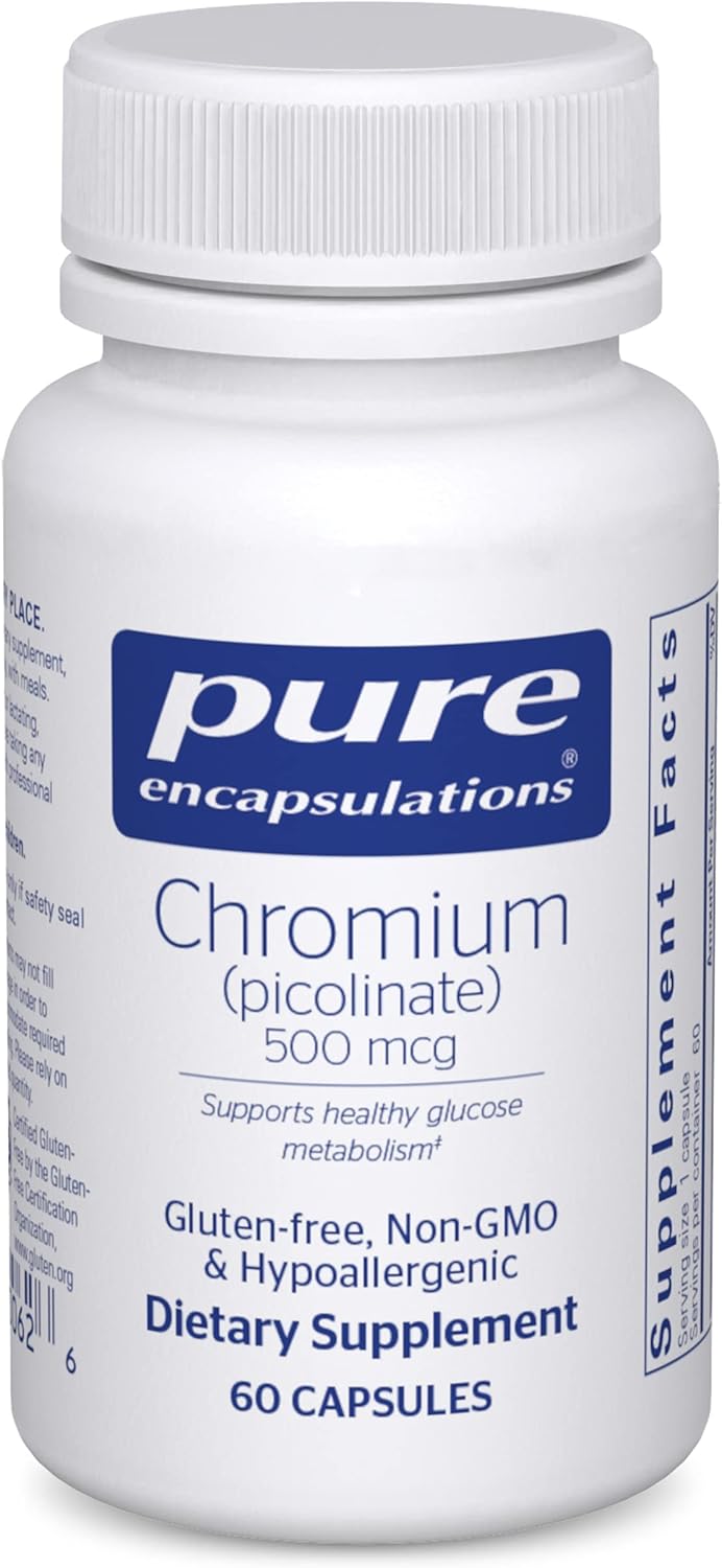 Pure Encapsulations Chromium Picolinate 500 mcg supplement bottle with 60 capsules for glucose metabolism, blood sugar control, and insulin support