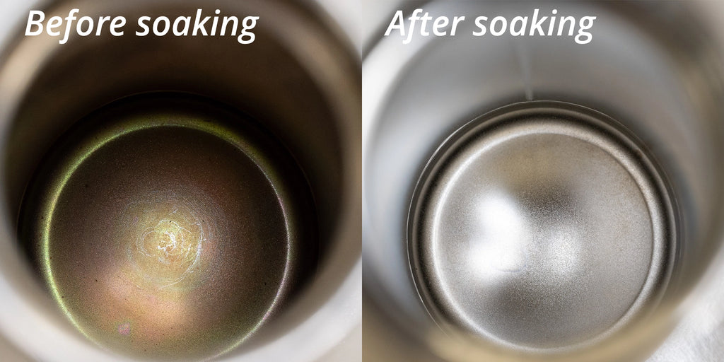 An Oxygen Brightener soak strips coffee residue from a thermos