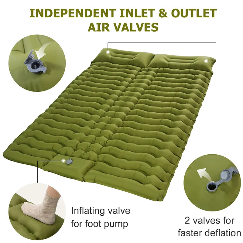 Double self-inflating camping pad with built-in pillows