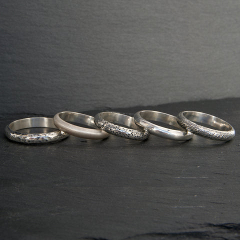 The Masculine Bands- Rustic, hammered, silver wedding bands. Sterling Silver wedding bands with different textures