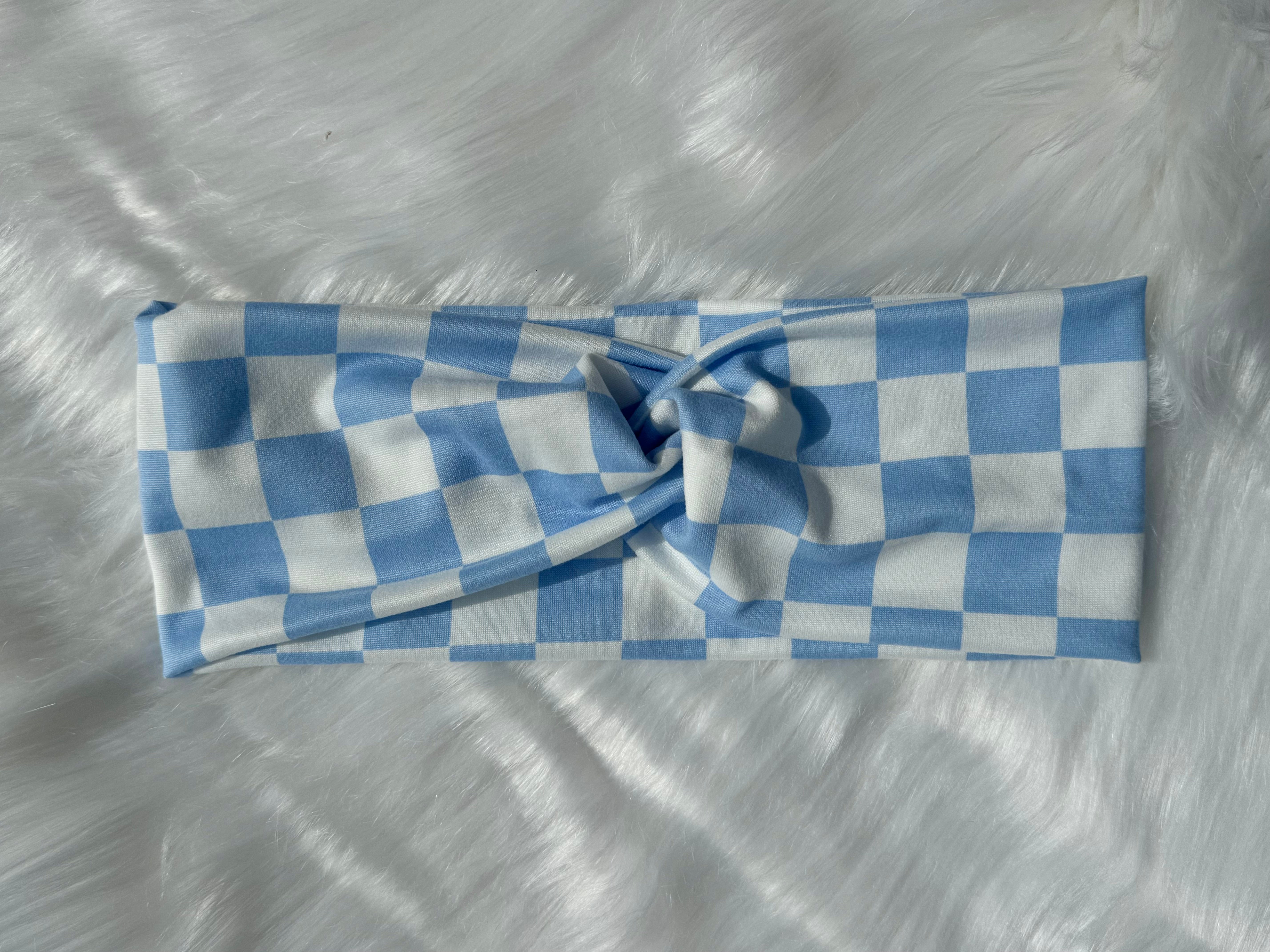Twist Headband Light Blue and White Checkers