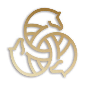 Gold Equieire logo, three horse heads, Celtic design 