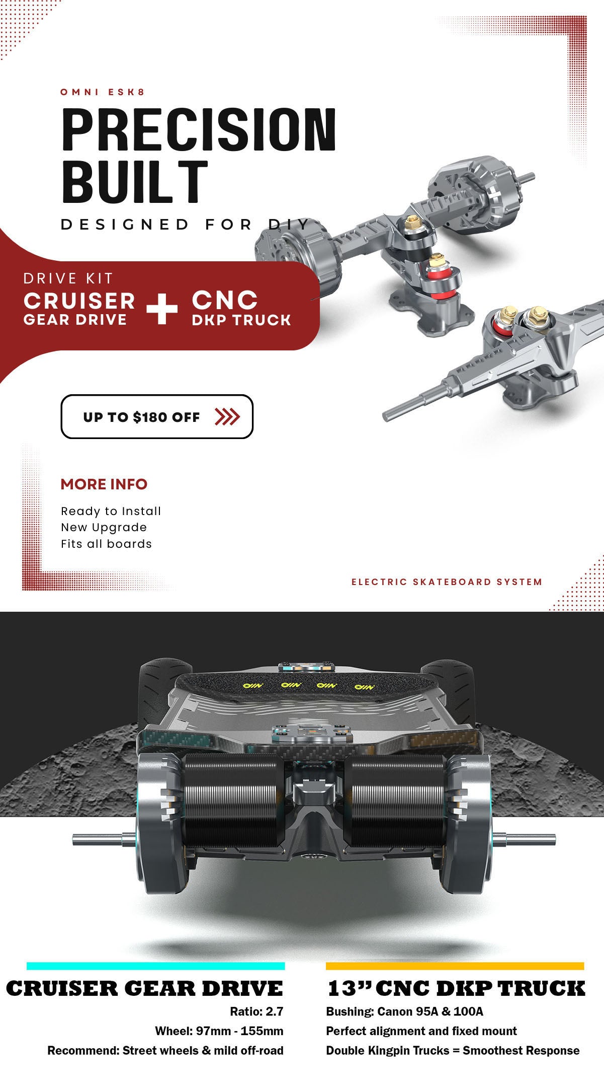 Cruiser Gear Drive + CNC DKP Truck Drivetrain Kit | Electric Skateboard Drive System