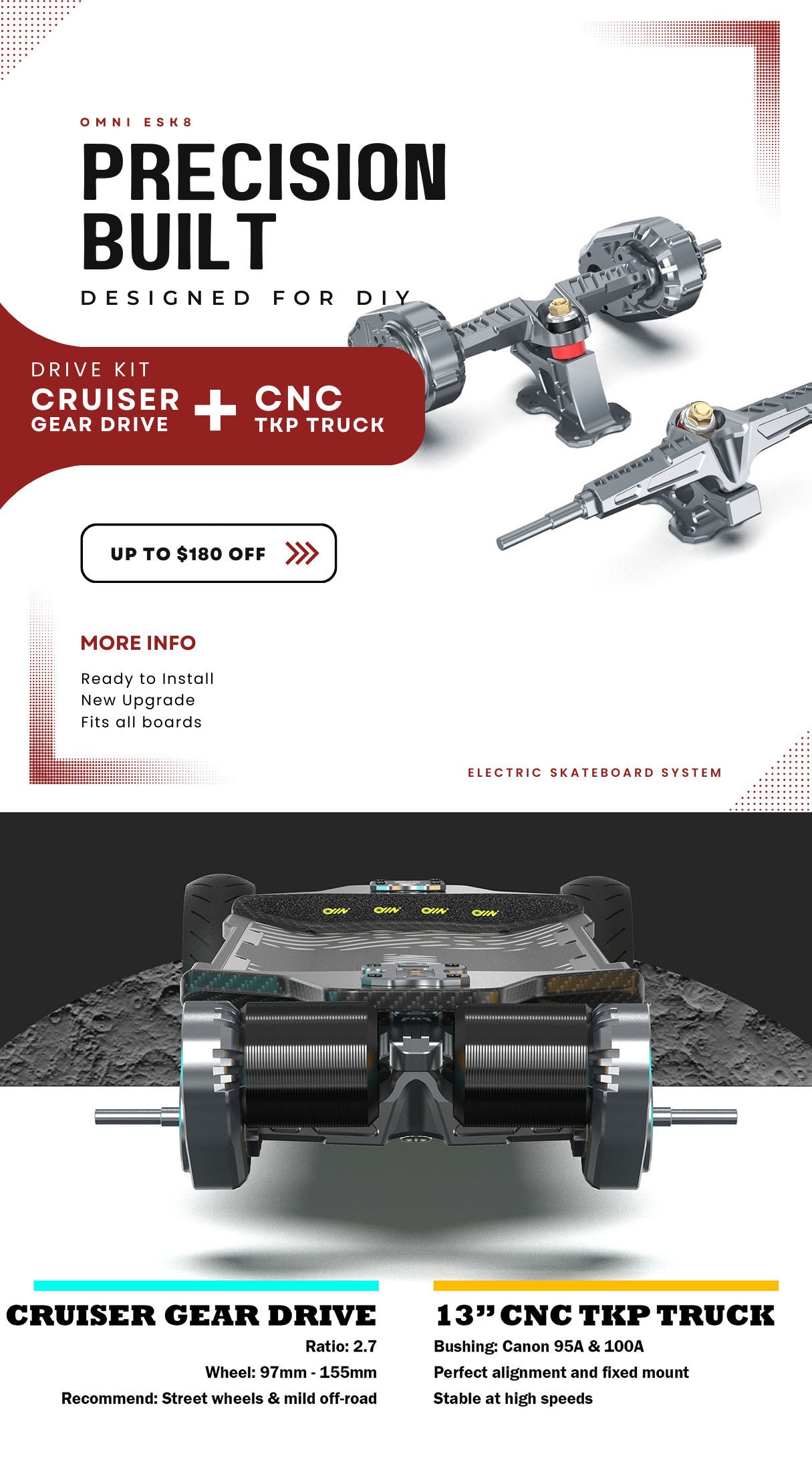 Cruiser Gear Drive + CNC TKP Truck Drivetrain Kit | Electric Skateboard Drive System