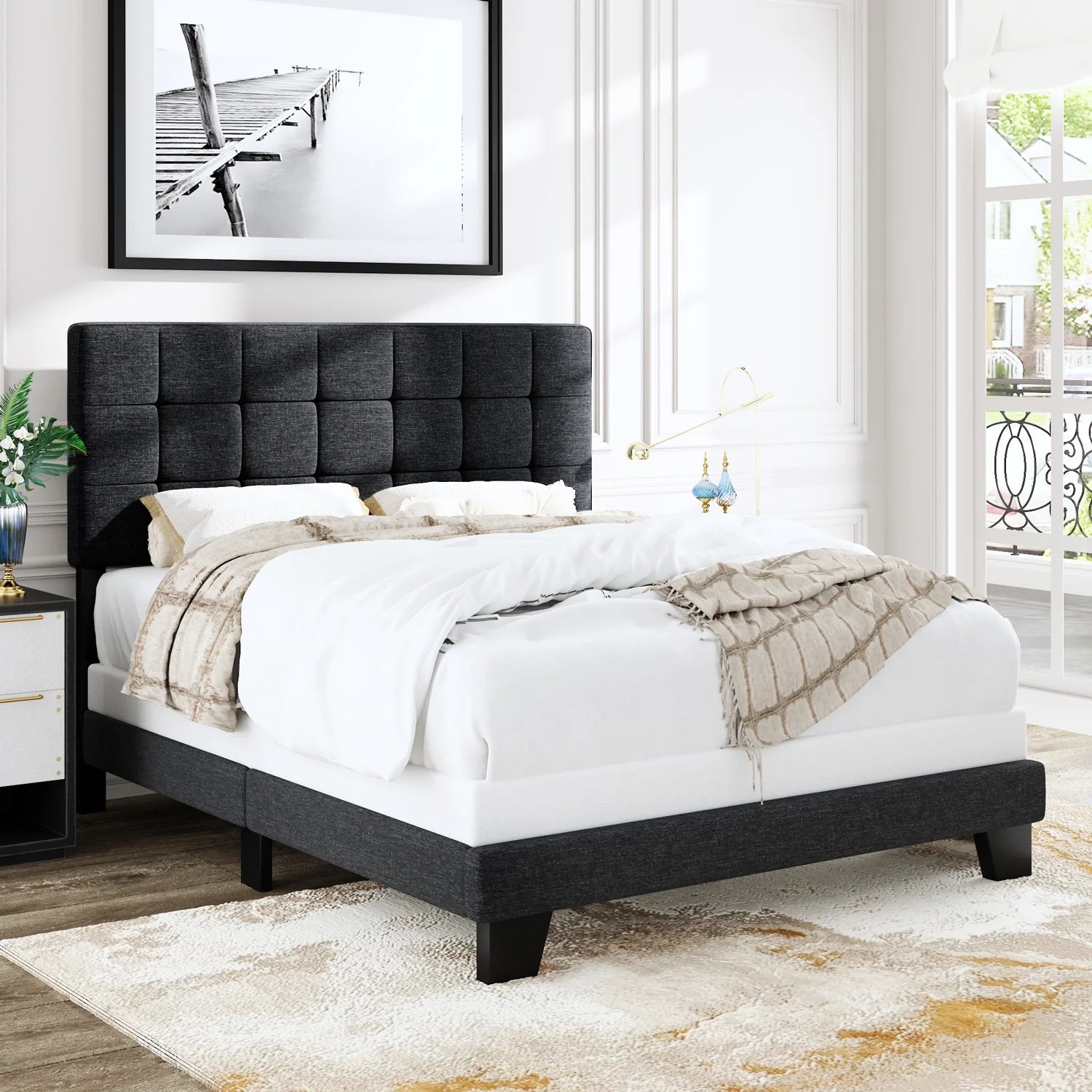 Allewie Full Size Panel Platform Bed Frame with Adjustable High Upholstered Headboard, Grey