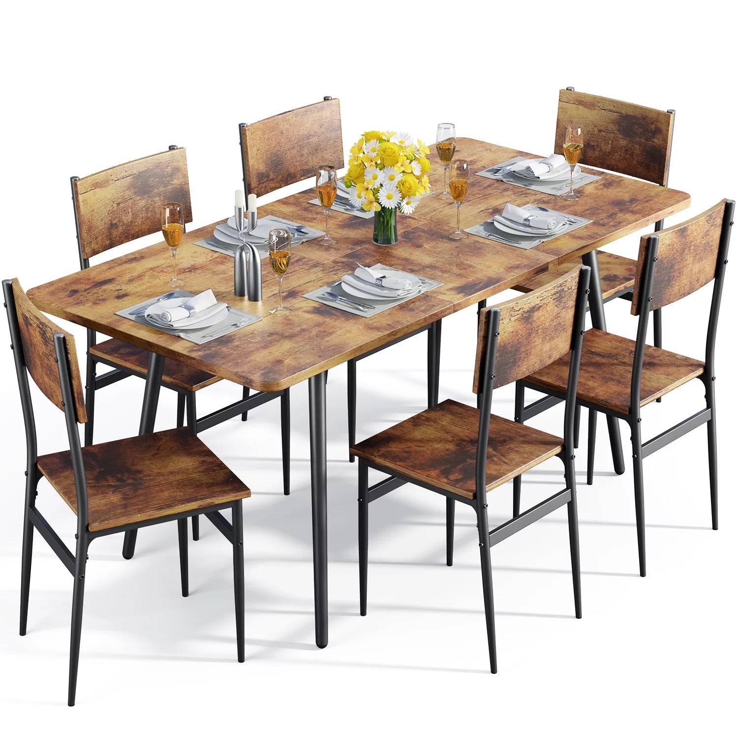 Dining Table Set for 6, 63â?Extendable Kitchen Table Set with Backrest Chairs for 6, Black