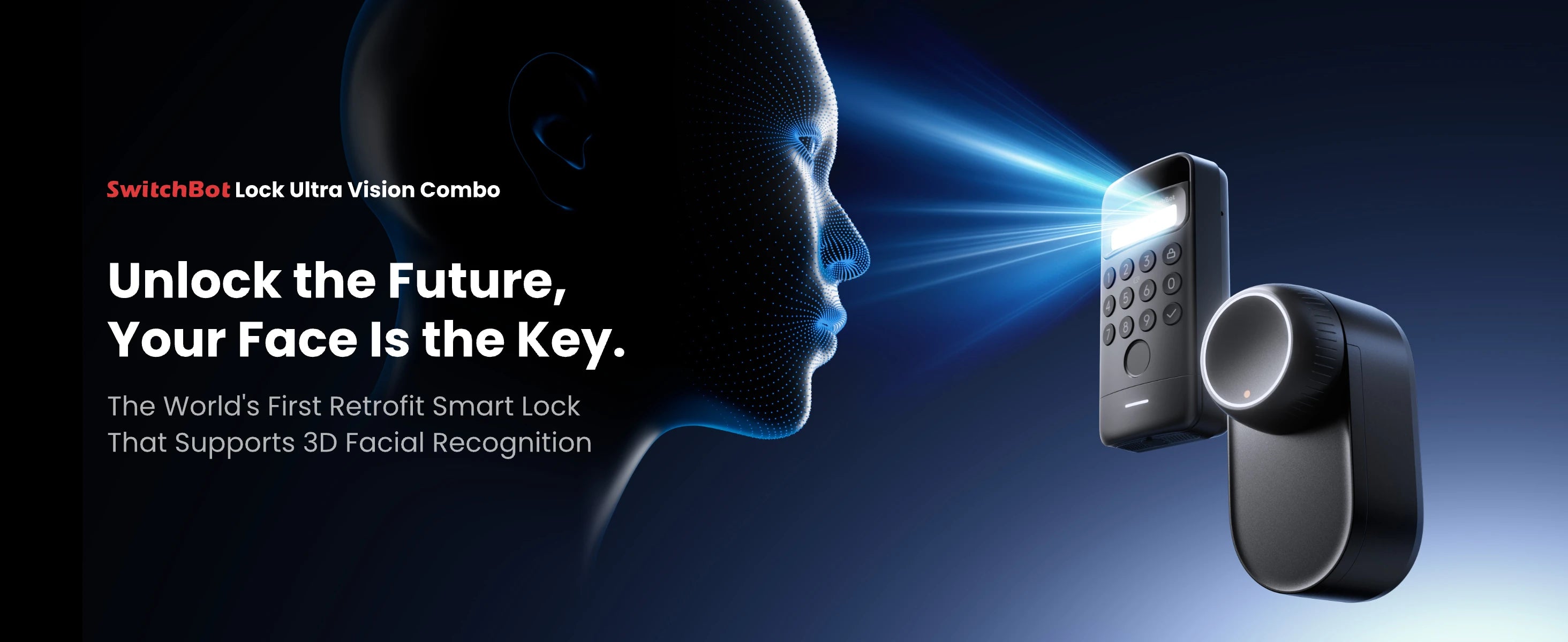 Close-up view of SwitchBot Lock Ultra Vision Combo outdoor unit showing 3D face recognition camera and sensors.