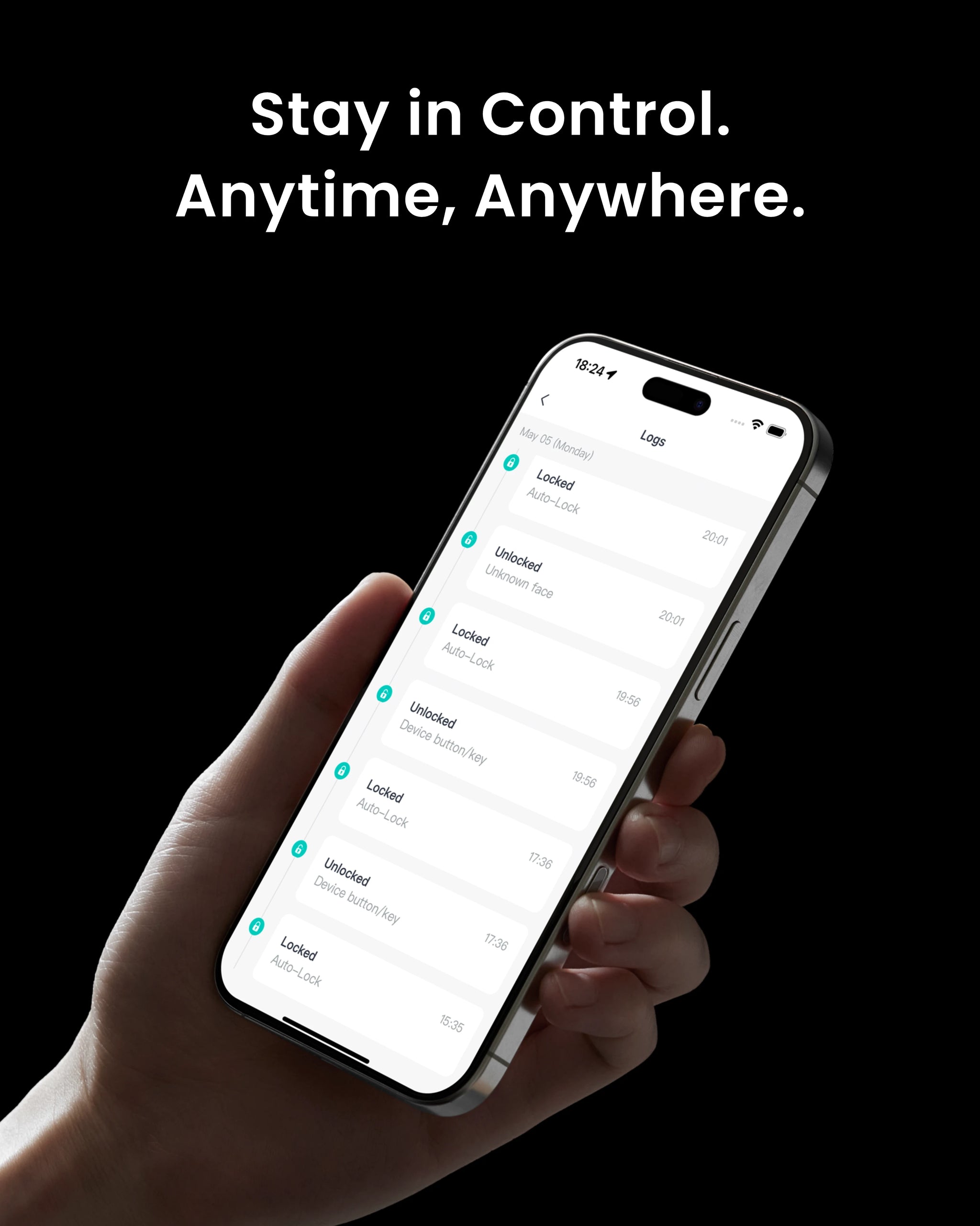 Smart door lock mobile app control interface - real-time lock status monitoring, activity logs with timestamps, remote lock unlock control anytime anywhere for complete door management