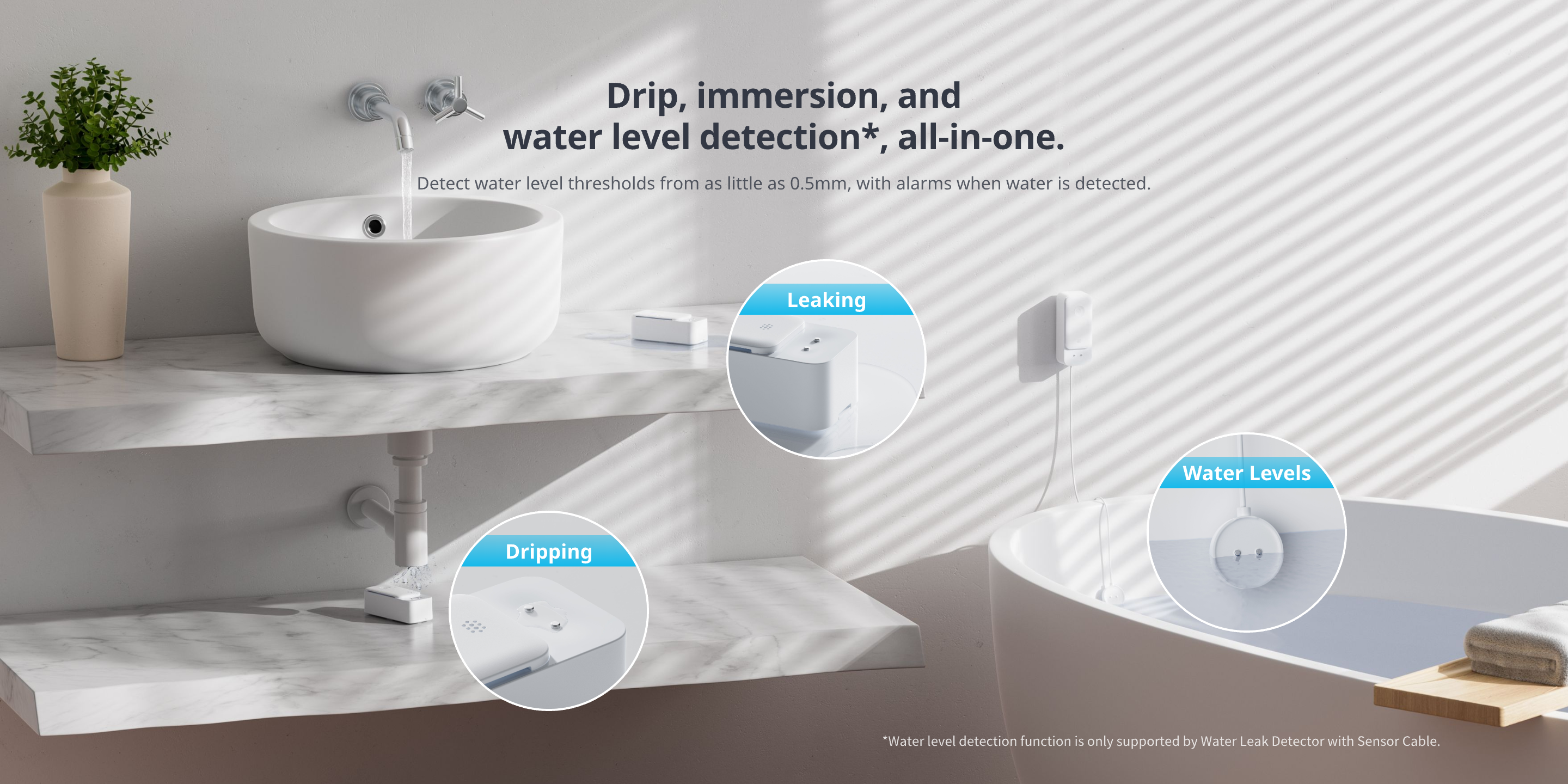 Drip, immersion, and water level detection*, all-in-one.