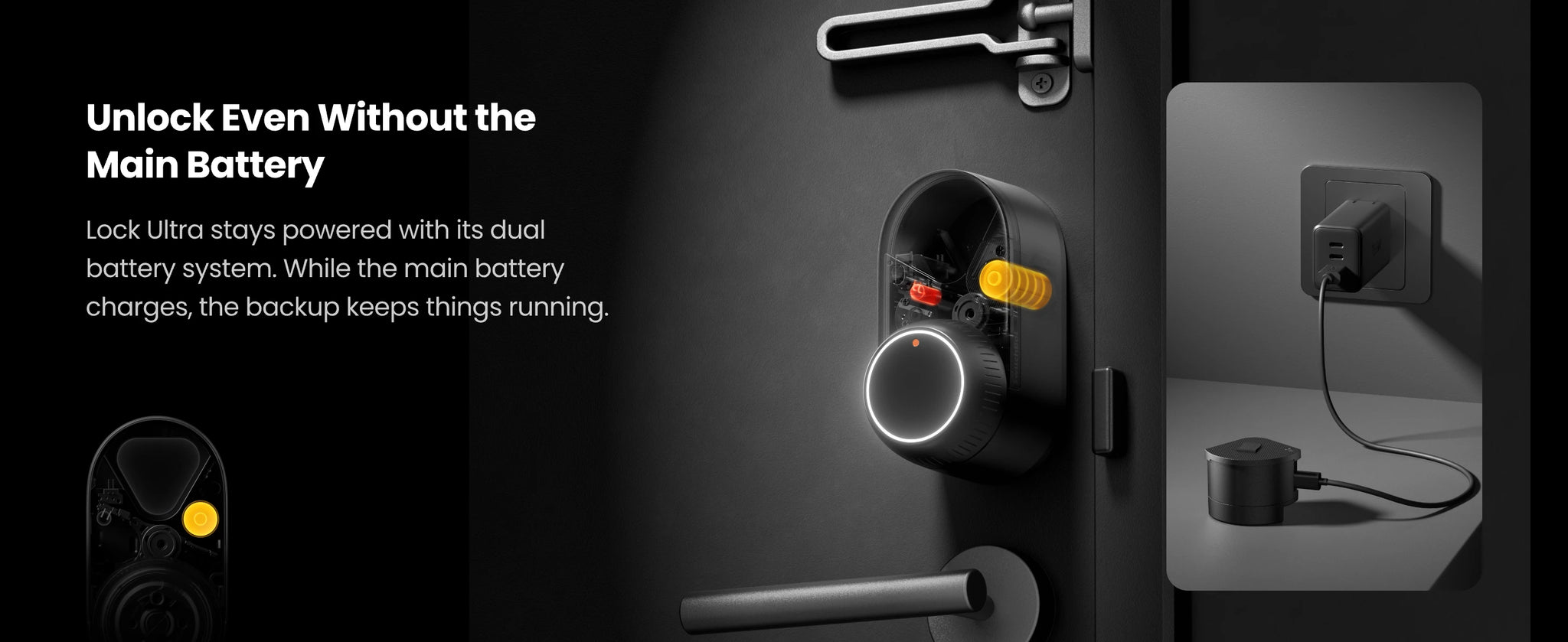 Smart door lock dual battery system - main rechargeable battery with backup power ensures continuous operation while charging - never get locked out even during low battery