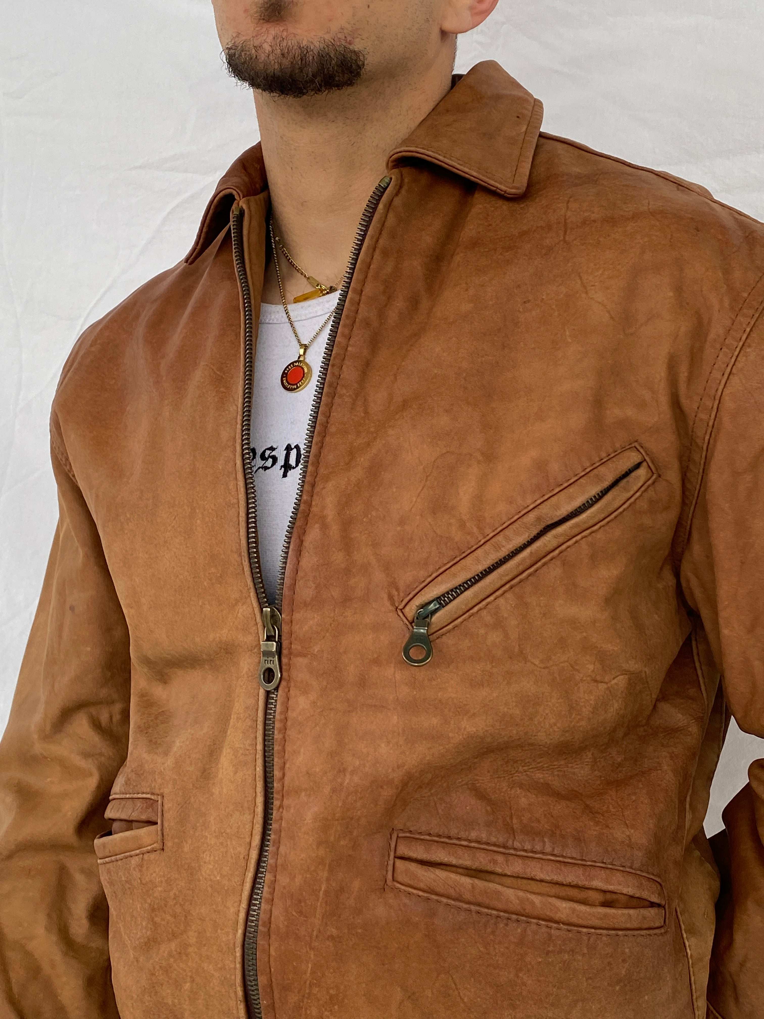 Online Vintage Store  90's Men Faux Fur Lined Leather Jacket