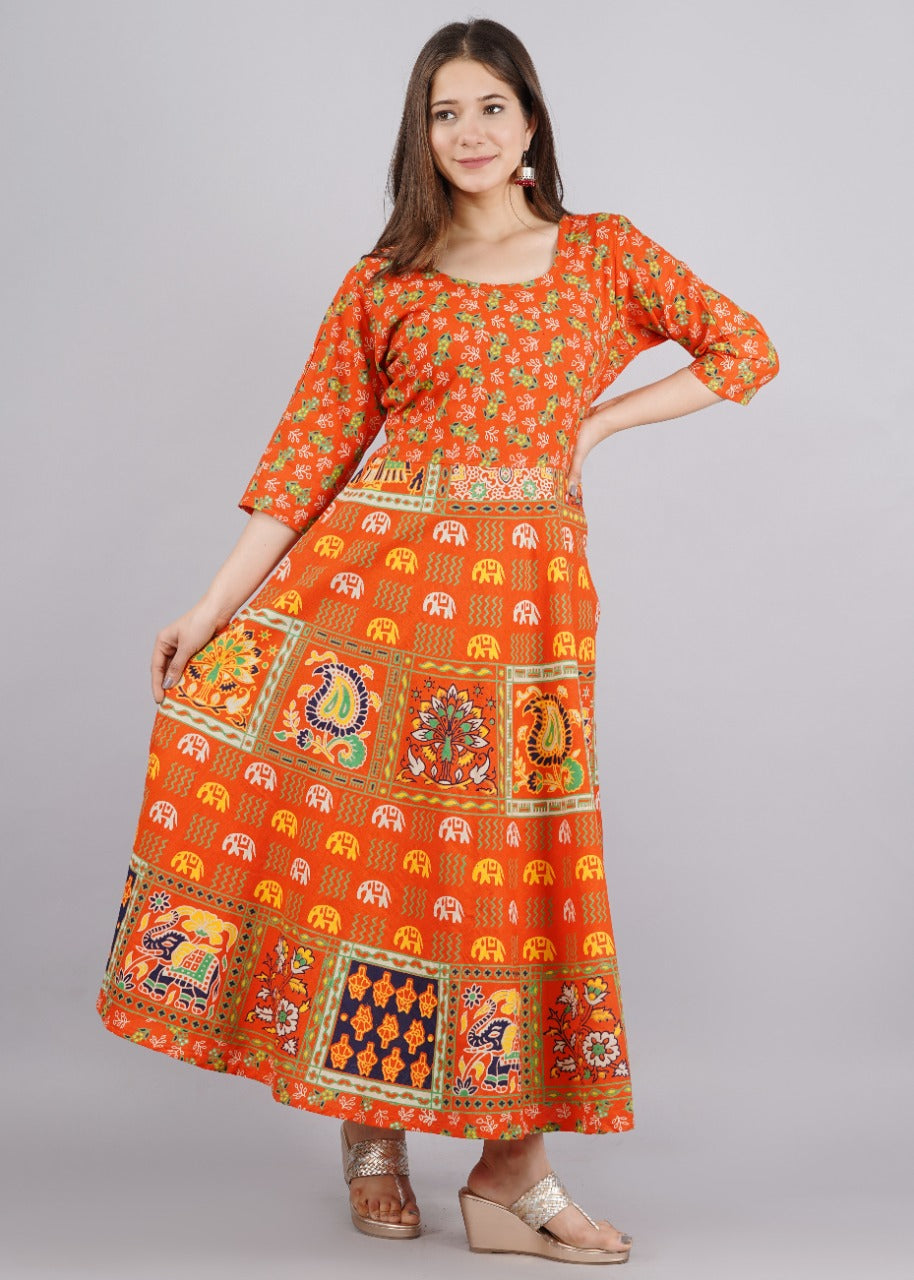 Red Cotton Naptol Print Anarkali Dress