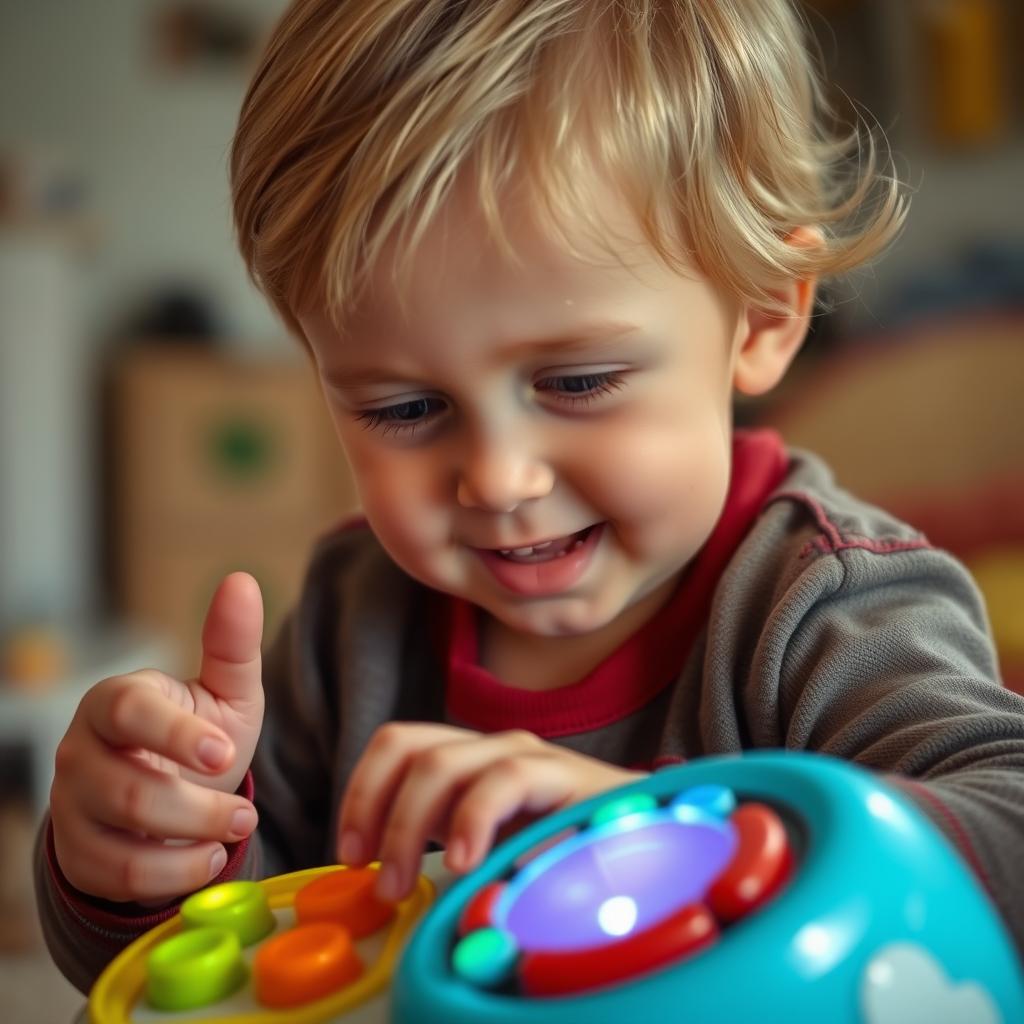 Child fully engaged in playing with an interactive musical toy