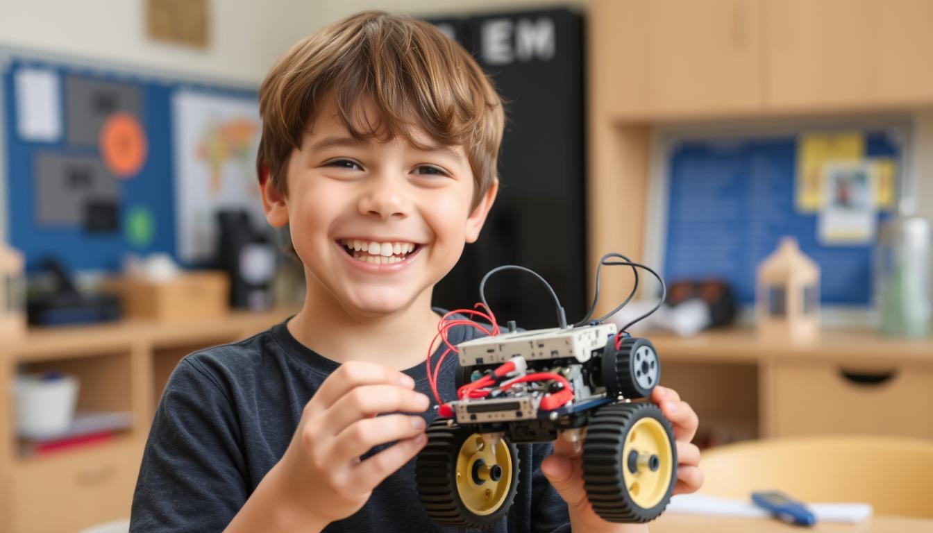 Happy child proudly displaying a completed robot project