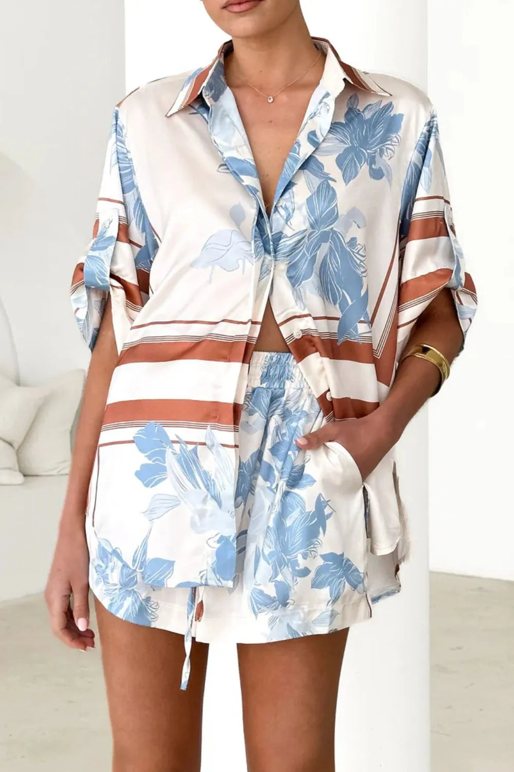 Printed Collared Neck Top and Shorts Set