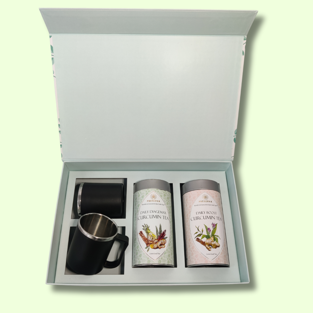 Green Preserva Wellness Tea Gift Box with two black mugs and two tea containers- Daily Diagemax Tea and Daily Boost Tea