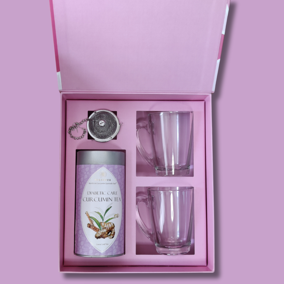 Pink Tea Gift Box with chain infuser and two glass cups and a Diabetic Care Curcumin Tea